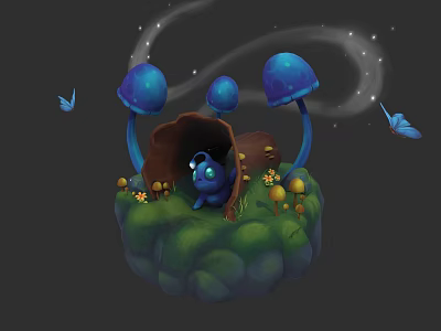 Enchanting Plant Painting With Blue Mushrooms Small House Green Grass And Sparkling Effects 3d model