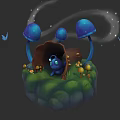 Enchanting Plant Painting With Blue Mushrooms Small House Green Grass And Sparkling Effects