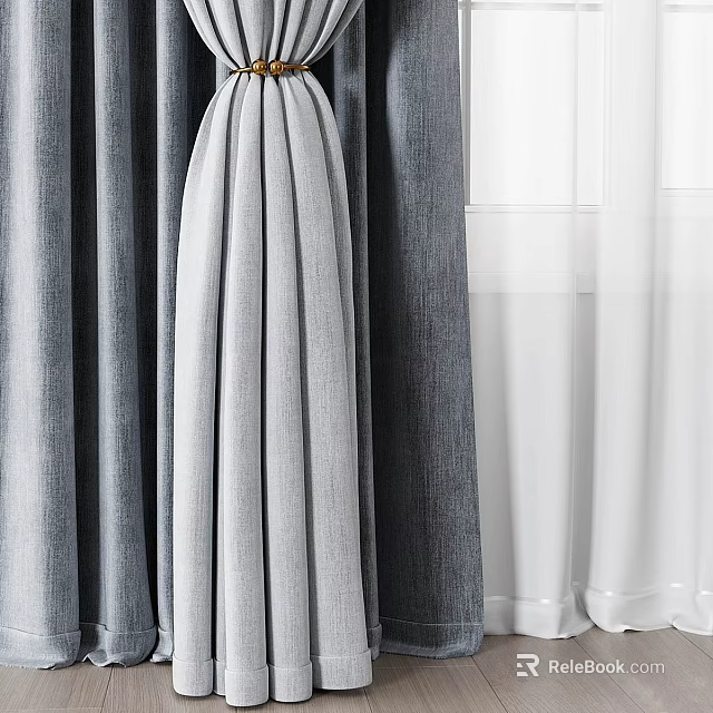 Gray and White Linen Curtains with Pleated Design Soft Fabric Home Window Decoration 3d model 