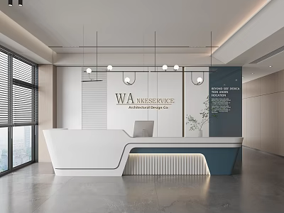 Elegant Modern Office Reception Desk With White And Blue Design And Green Plant Lighting 3d model