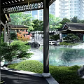 Scenic Garden Landscape With Pond Waterfall Rock Formations Pavilion And Green Trees