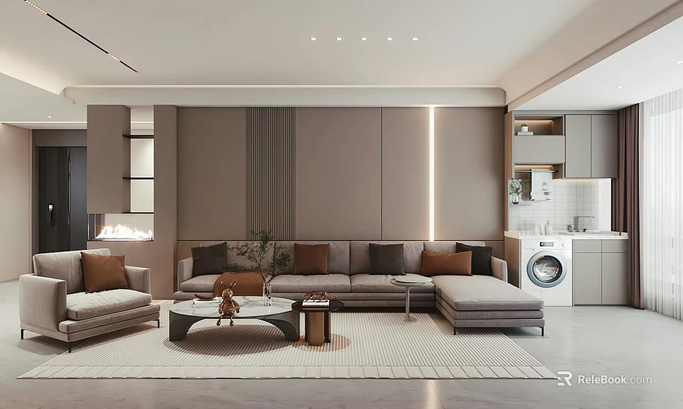 Modern Living Room Interior Design With Gray Sofa Brown Pillows Round Coffee Table And Lighting 3d model 