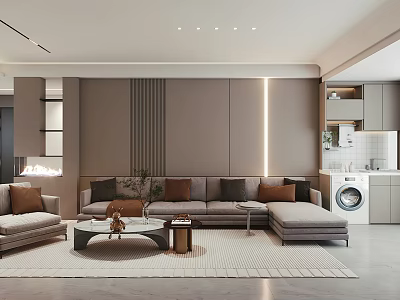 Modern Living Room Interior Design With Gray Sofa Brown Pillows Round Coffee Table And Lighting 3d model