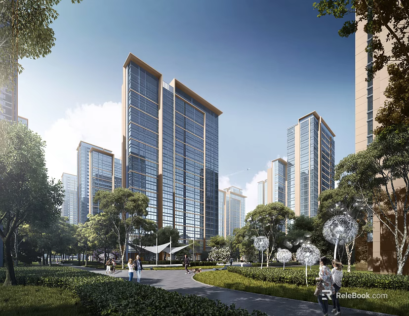 Modern High Rise Residential Building With Lush Greenery And Tree Lined Walkway 3d model 