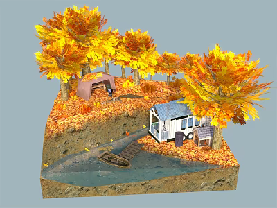 Cartoon Autumn Scene With Yellow Trees Fallen Leaves Small Trailer Stream And Wooden Bridge 3d model