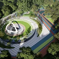 Park Landscape With Winding Pathways Lush Green Trees And Circular Plaza Area