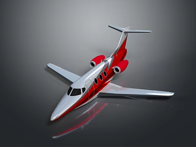 Red And White Small Jet With Silver Wings On Gray Background With Reflection 3d model