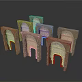 Six Brown Stone Arch Models Arranged in Two Rows with White Background