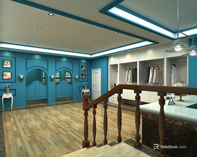 Interior Space with Blue Walls Wooden Flooring Open Closet Staircase Handrail Decorative Paintings and Chandelier 3d model 