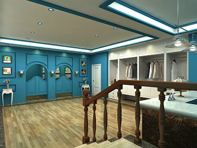 Interior Space with Blue Walls Wooden Flooring Open Closet Staircase Handrail Decorative Paintings and Chandelier 3d model