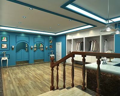 Interior Space with Blue Walls Wooden Flooring Open Closet Staircase Handrail Decorative Paintings and Chandelier 3d model