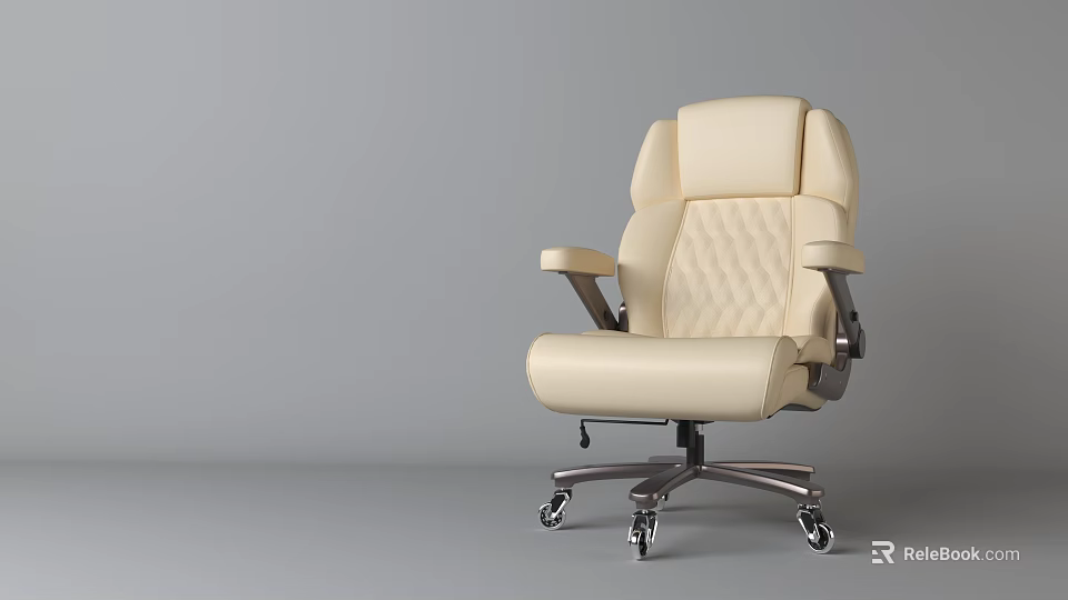 Beige Leather Office Chair With Diamond Quilted Backrest Armrests And Metal Caster Base 3d model 