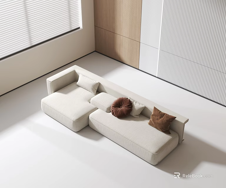 Modern Light Colored Sectional Sofa With Decorative Pillows In Bright Room 3d model