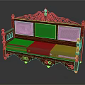 Classic Three Seater Sofa With Red Wooden Frame Green Cushions And Ornate Carvings