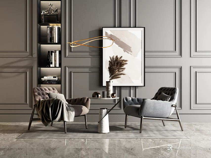 Stylish Modern Leisure Sofa Combination With Artwork Coffee Table And Paneled Walls 3d model 