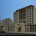Modern Hotel Building Exterior With Illuminated Windows Entrance And Surrounding Buildings At Evening