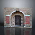 Ancient Stone Brick Gate With Arched Design Carved Wooden Doors And Red Decorative Panels