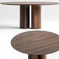 Modern Round Dining Table Set With Walnut Wood Top And Double Column Legs 3d model