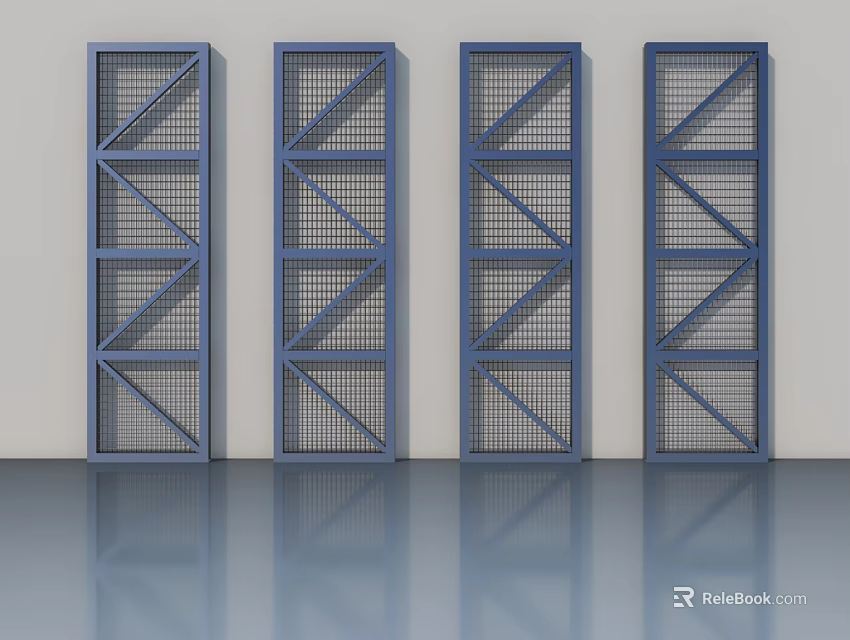 Four Blue Swing Doors With Grid Design Geometric Patterns Light Background And Reflective Floor 3d model