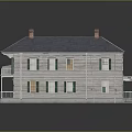Two Story Detached House With Blue Roof Red Chimneys Light Gray Exterior And Green Shutters