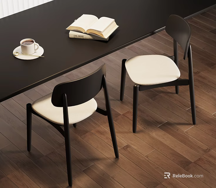 Modern Dining Chairs With Black Frame And White Padded Seats By Wooden Table 3d model 