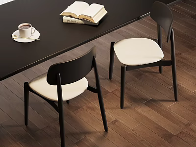 Modern Dining Chairs With Black Frame And White Padded Seats By Wooden Table 3d model