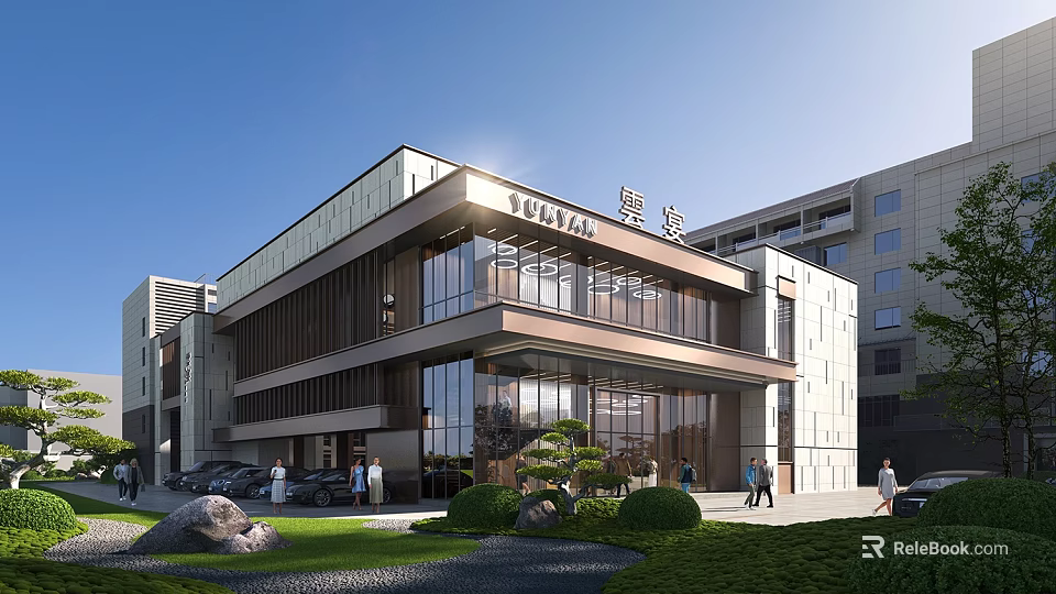 Modern YULAI Hotel Building Exterior With Large Glass Windows Greenery And Stone Decorations 3d model 