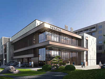 Modern YULAI Hotel Building Exterior With Large Glass Windows Greenery And Stone Decorations 3d model