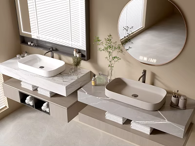 Modern Bathroom Vanity with Double Sinks Marble Countertops Round Mirror and Potted Plant 3d model