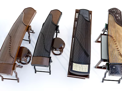 Traditional Chinese Guzheng Musical Instruments With Various Styles And Wooden Stools 3d model