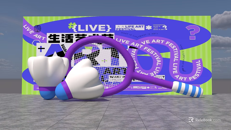 Vibrant Commercial Landscape For Live Art Festival With Purple Racket And White Gloves 3d model 