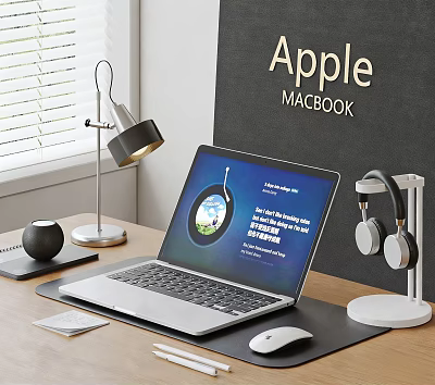 Apple MacBook Laptop On Desk With Headphones Mouse And Desk Lamp 3d model