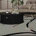 Modern Round Black Coffee Table With Metal Frame In Living Room Beige Sofa Green Plants Geometric Rug