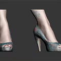 Stylish Turquoise Peep Toe High Heels With Red Floral Pattern And Black Accents
