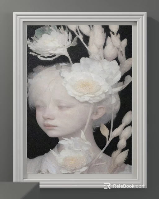 Portrait Painting of Child With Pale Hair White Flowers and Branches on Dark Background 3d model 