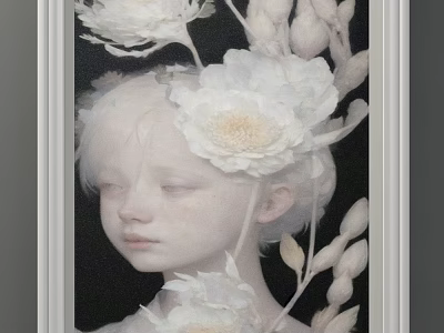 Portrait Painting of Child With Pale Hair White Flowers and Branches on Dark Background 3d model