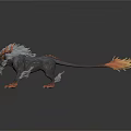 Mythical Creature Sculpture With Gray Fur Orange Flaming Horns In Standing Pose