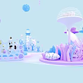 Colorful Cartoon Style Fantasy Island Scene With Various Structures And Figures