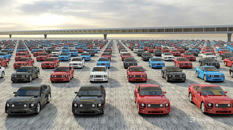 Many Different Colored Cars Parked In Large Open Air Parking Lot Rows 3d model 