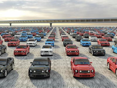 Many Different Colored Cars Parked In Large Open Air Parking Lot Rows 3d model