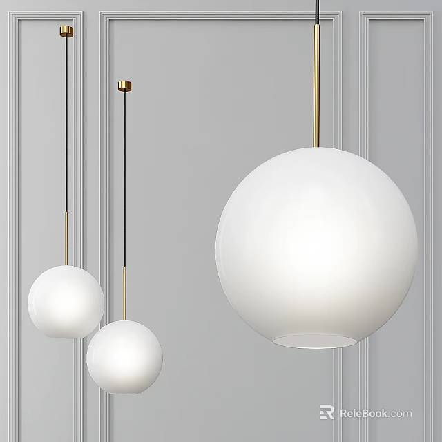 White Spherical Pendant Lights with Golden Stems on Gray Paneled Wall 3d model 