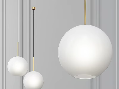 White Spherical Pendant Lights with Golden Stems on Gray Paneled Wall 3d model