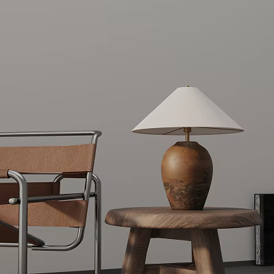 Wooden Table Lamp With White Lampshade On Side Table Near Gray Wall And Chair 3d model