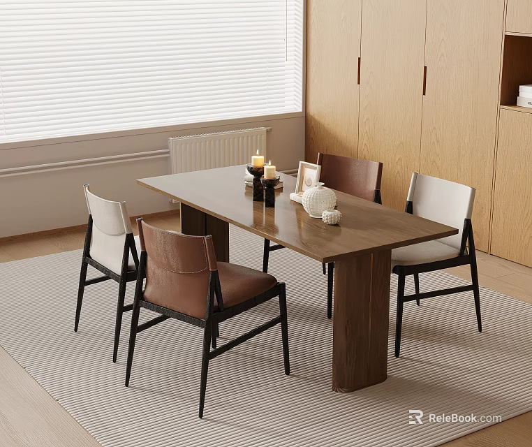 Modern Wooden Dining Table Set With Brown And White Chairs And Cabinets 3d model