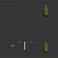 Green Mechanical Components Arrangement With Containers Metal Rod And Small Parts