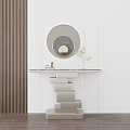 Modern Console Table Design With Round Mirror Green Plant And Decorative Ornaments On Top