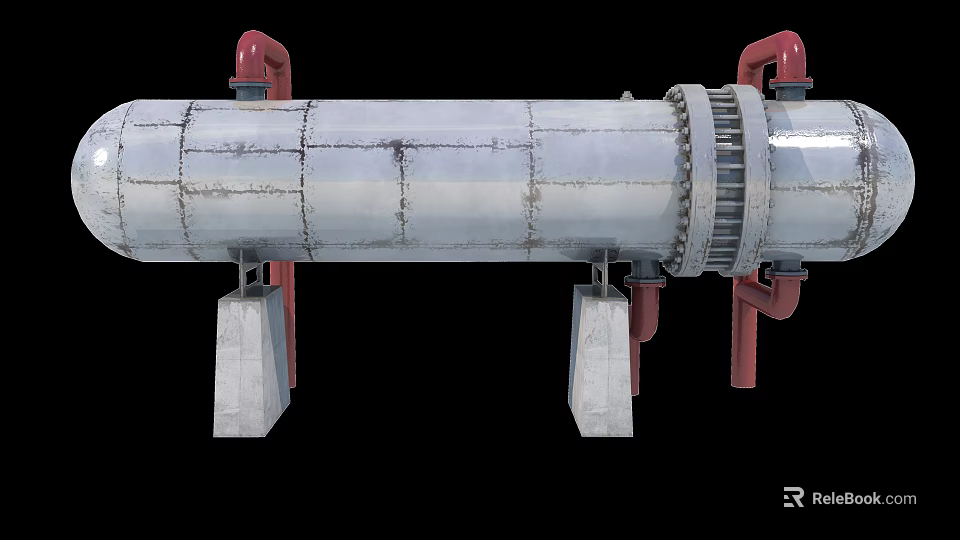 Large Industrial Equipment With Cylindrical Metal Structure Red Pipes And Concrete Supports 3d model 