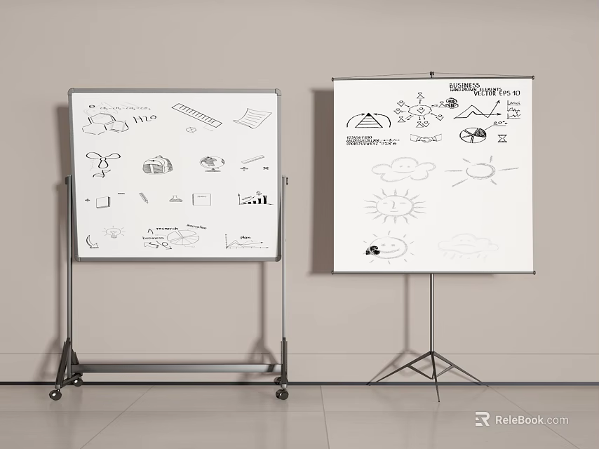 Whiteboards With Hand Drawn Charts Symbols And Graphics On Easel Stands 3d model 
