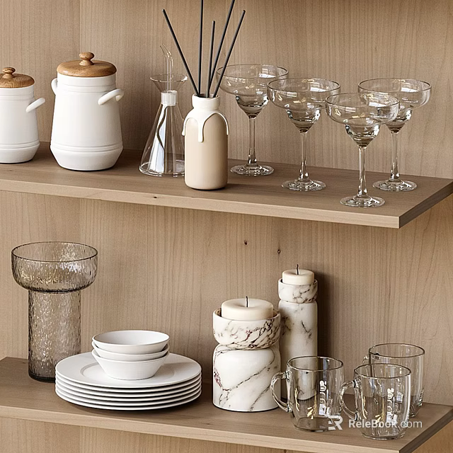Stylish Tableware Set with White Jars Wine Glasses Plates and Marble Candles on Wooden Shelf 3d model 