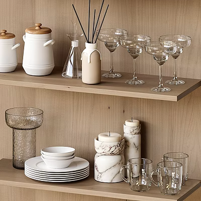 Stylish Tableware Set with White Jars Wine Glasses Plates and Marble Candles on Wooden Shelf 3d model